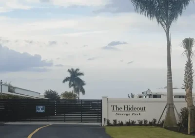 Outdoor RV storage facility with secure parking spaces and wide access lanes