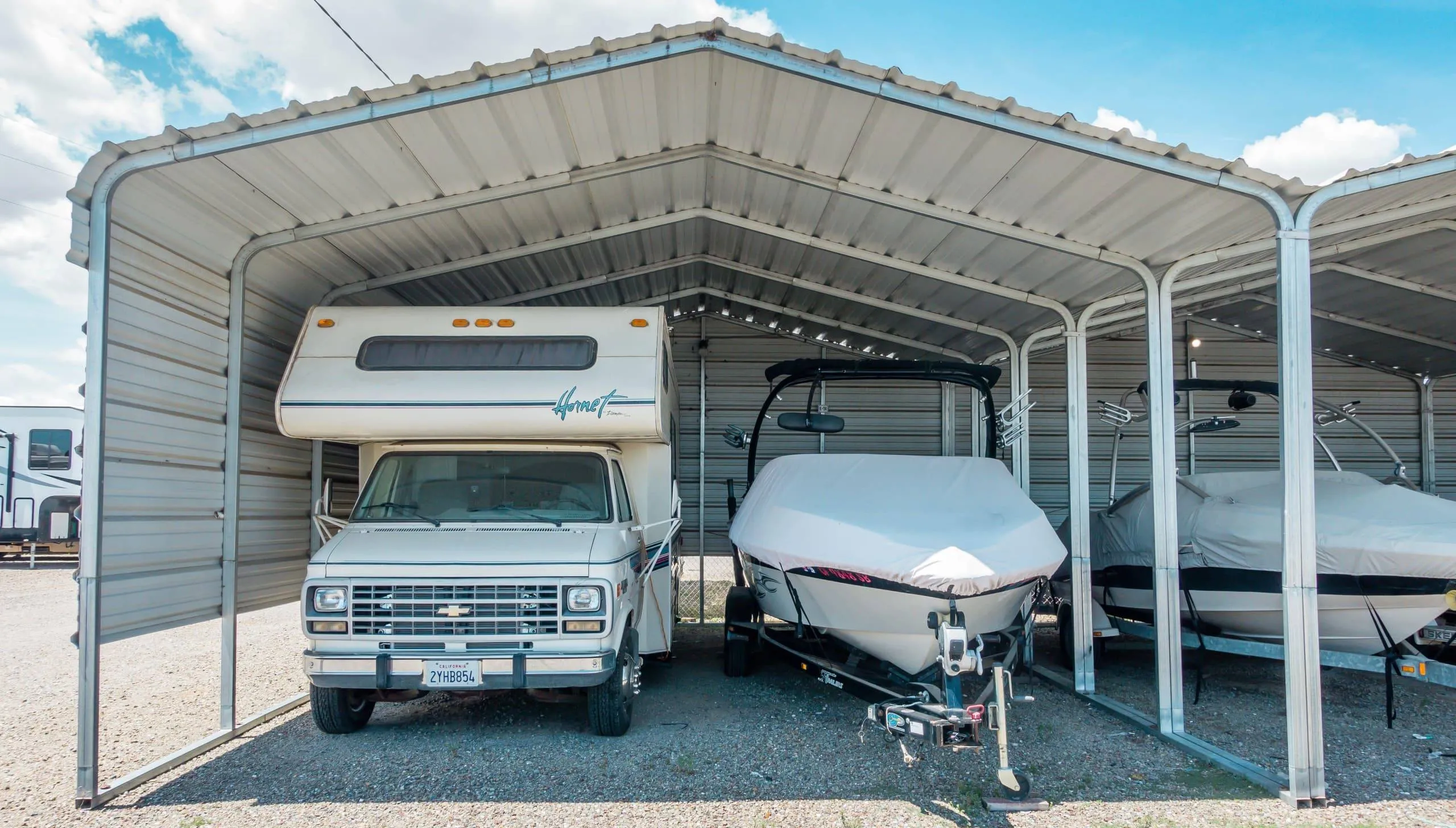 Center console boats stored at a secure boat storage facility